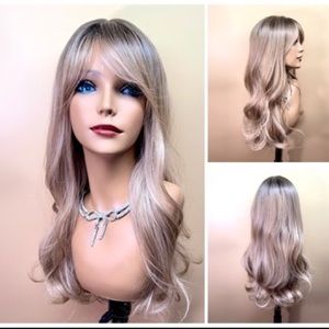 5081-1 24” Ombre blond dark root wavy long free style bangs synthetic wig
